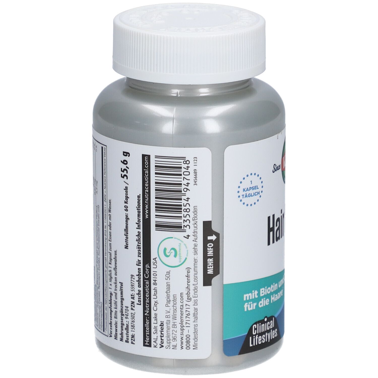 Dos du flacon gris à bouchon blanc. Contient des informations sur les ingrédients et le fabricant. Marque: KAL.