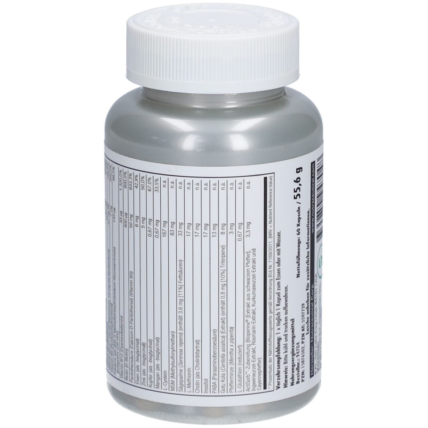 Dos du flacon gris à bouchon blanc. Informations nutritionnelles et ingrédients listés. Marque: KAL.