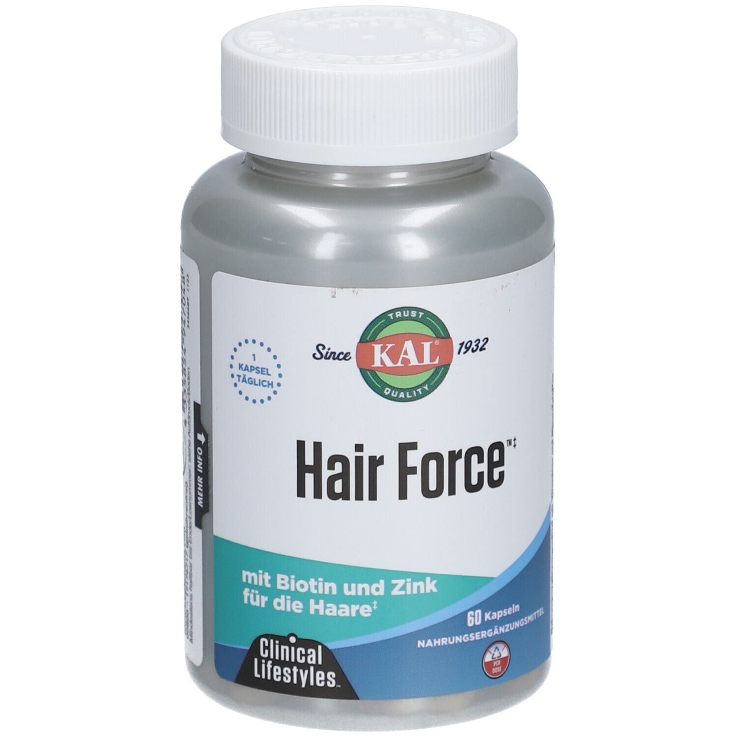 Flacon gris à bouchon blanc. Inscription: Hair Force, avec biotine et zinc. 60 gélules. Marque: KAL.