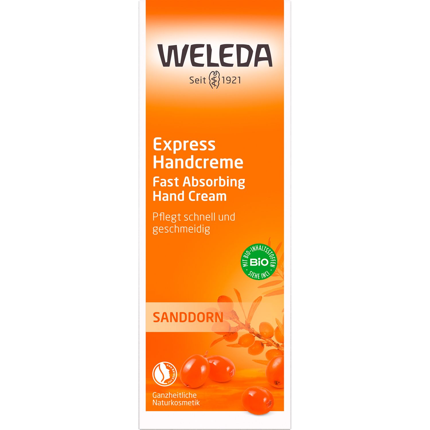 Weleda Express Handcreme Sanddorn - aufbauende Intensivpflege, fruchtig-frischer Duft