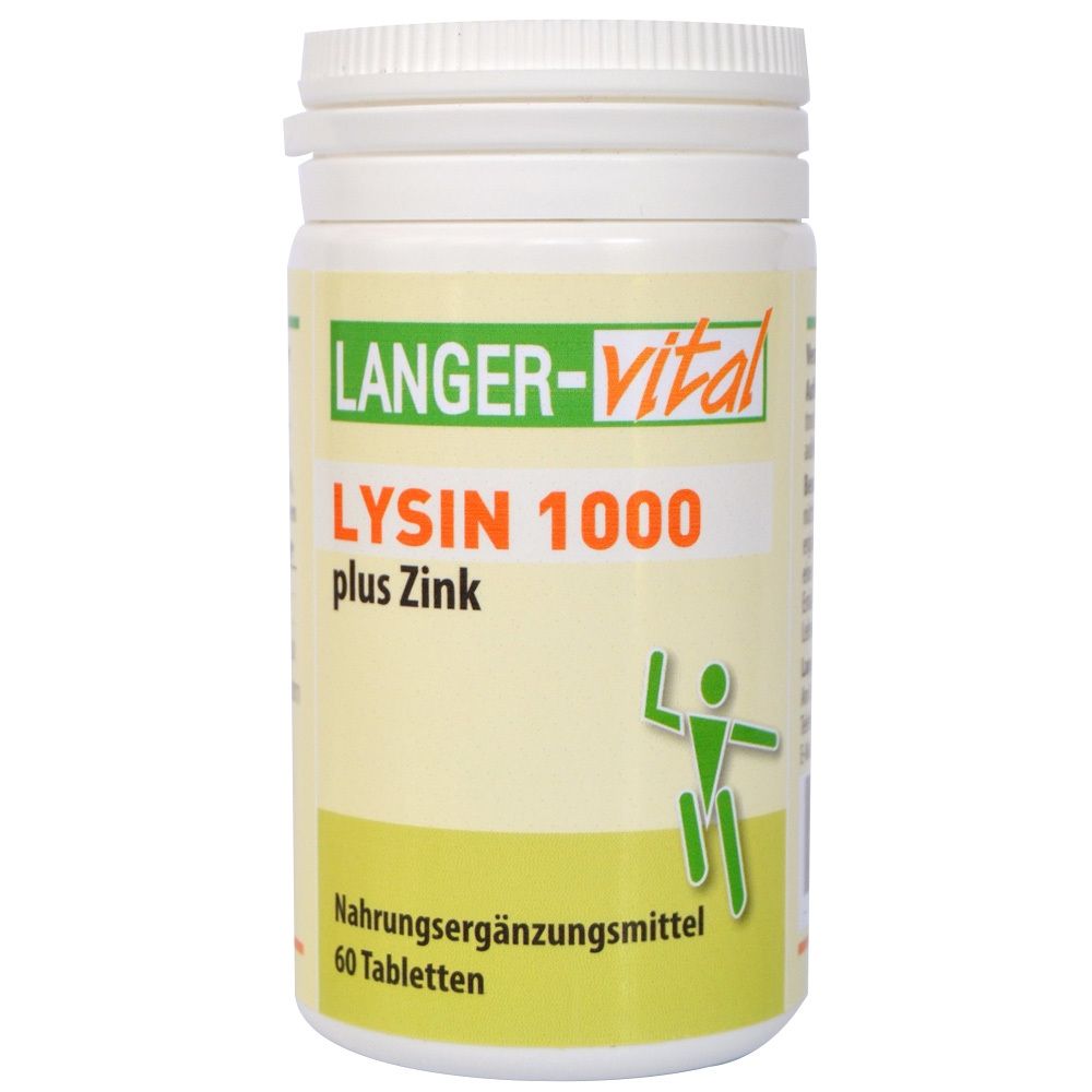 Weiße Dose mit grünem Etikett. Aufschrift: LYSIN 1000 plus Zink. 60 Tabletten. Marke: Langer-vital.