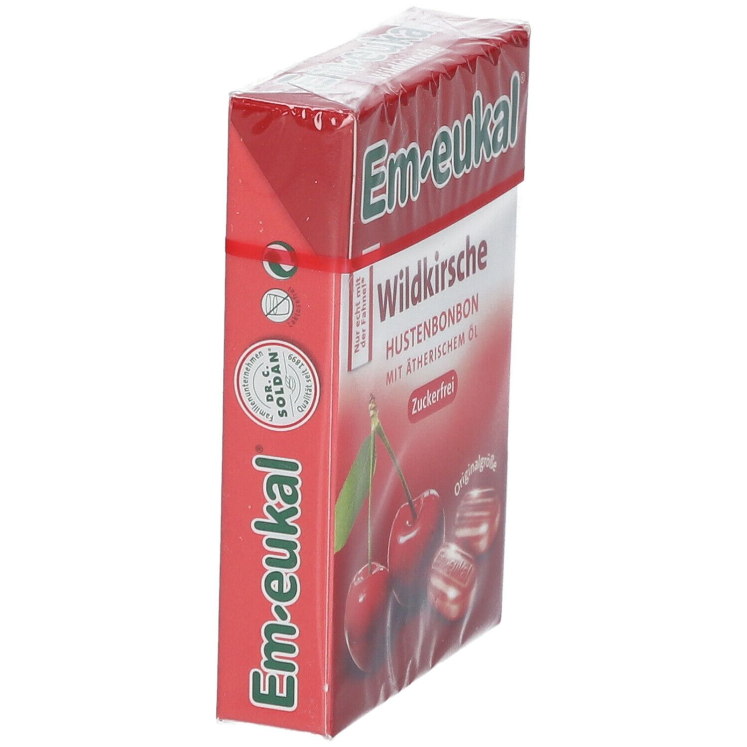 Verpackung mit Hustenbonbons. Aufdruck: Em-eukal Wildkirsche, zuckerfrei. Ansicht von der Seite.