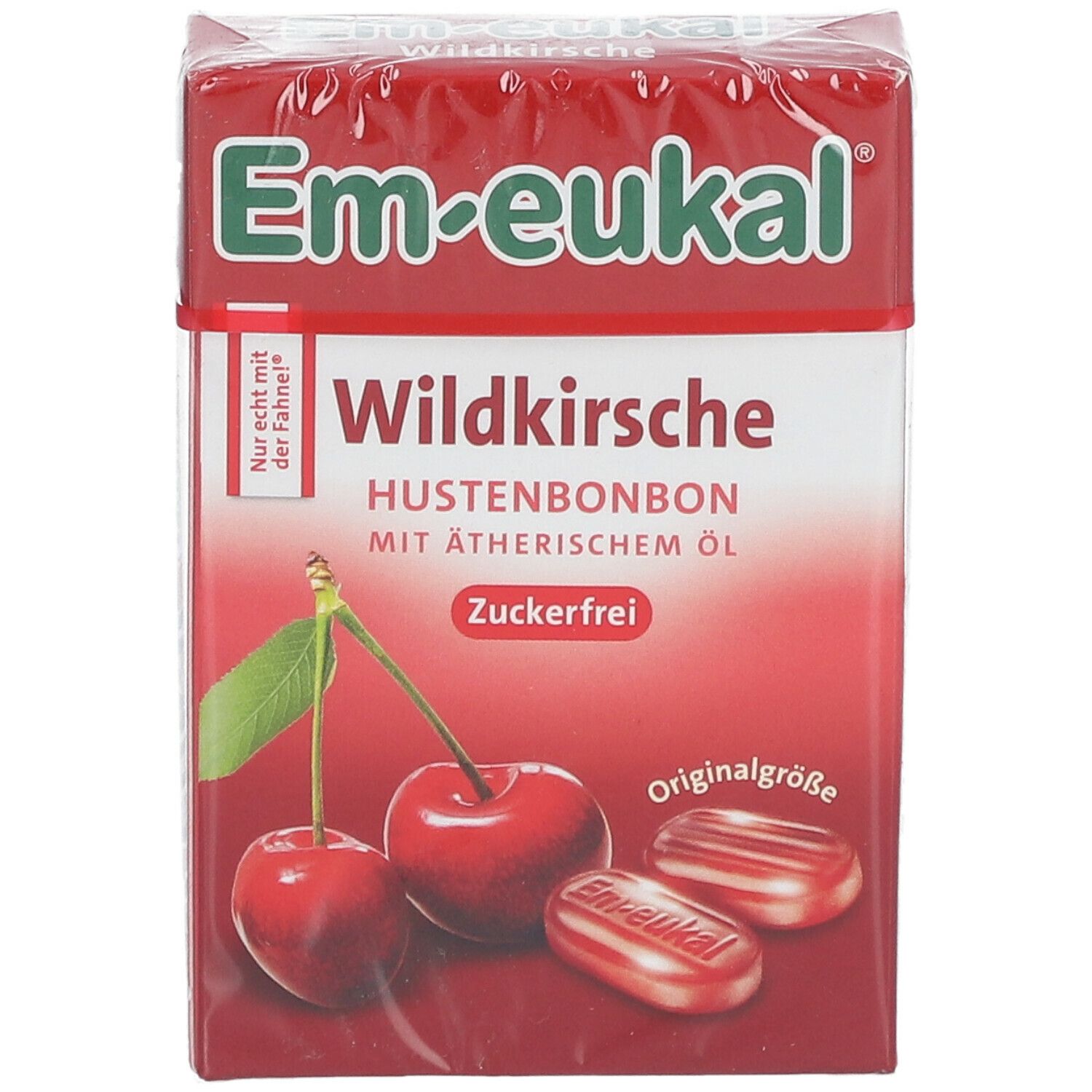 Verpackung mit Hustenbonbons. Aufdruck: Em-eukal Wildkirsche, zuckerfrei. Abbildung von Kirschen und Bonbons.