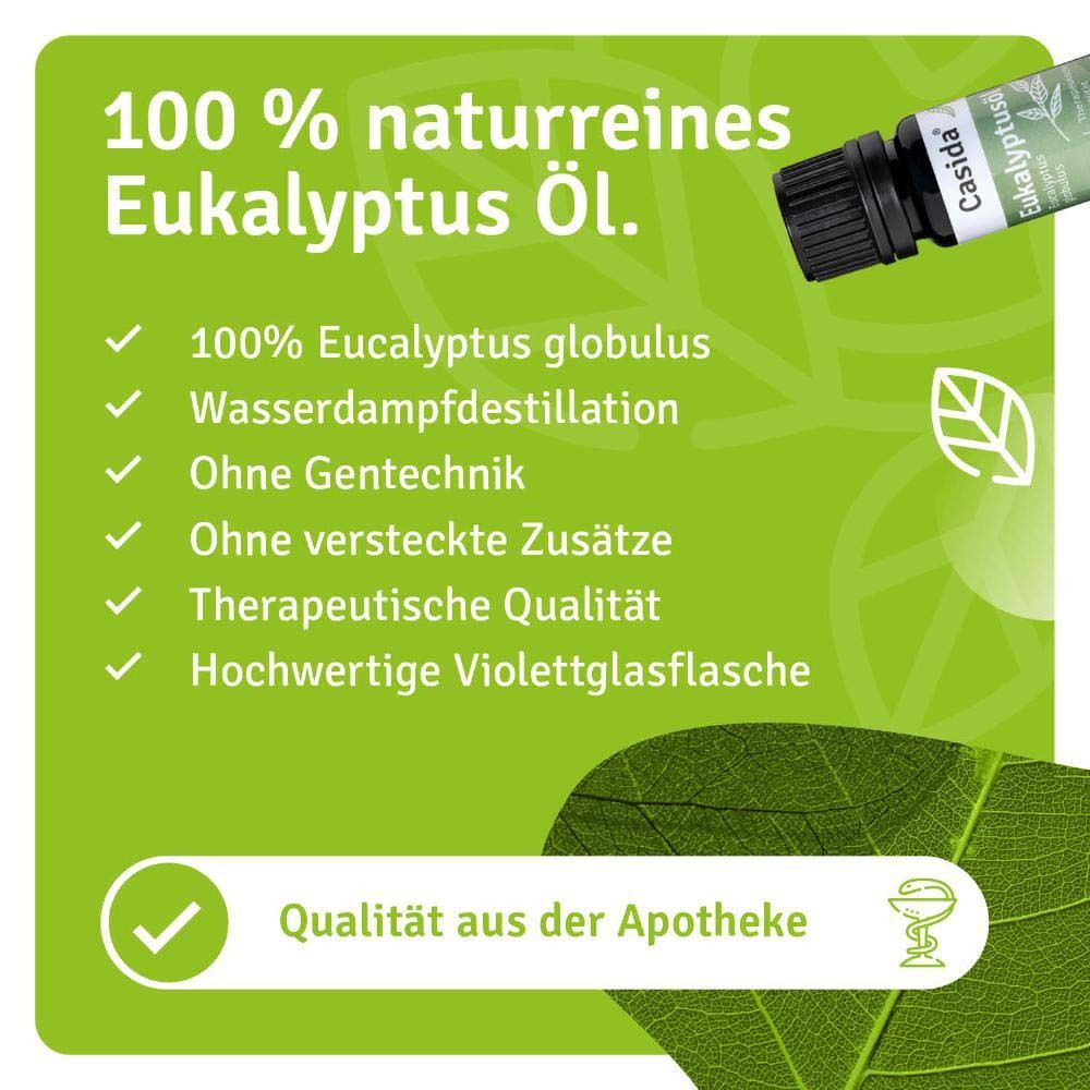 Infographie avec avantages. Huile d'eucalyptus 100% pure. Qualité pharmaceutique. Sans OGM.