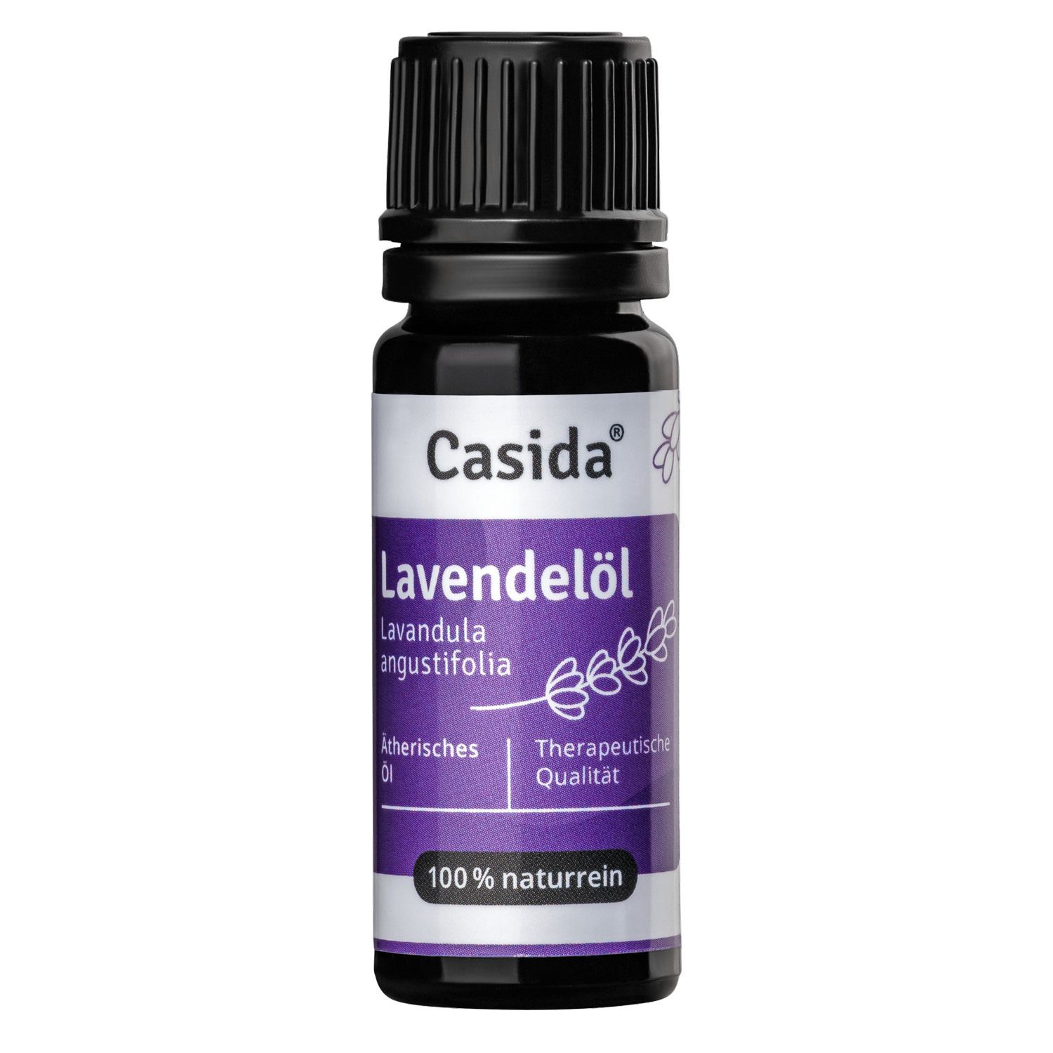 Kleine Flasche mit schwarzem Deckel. Etikett mit Produktname, Marke Casida und Lavendel-Illustration. 100% naturrein.