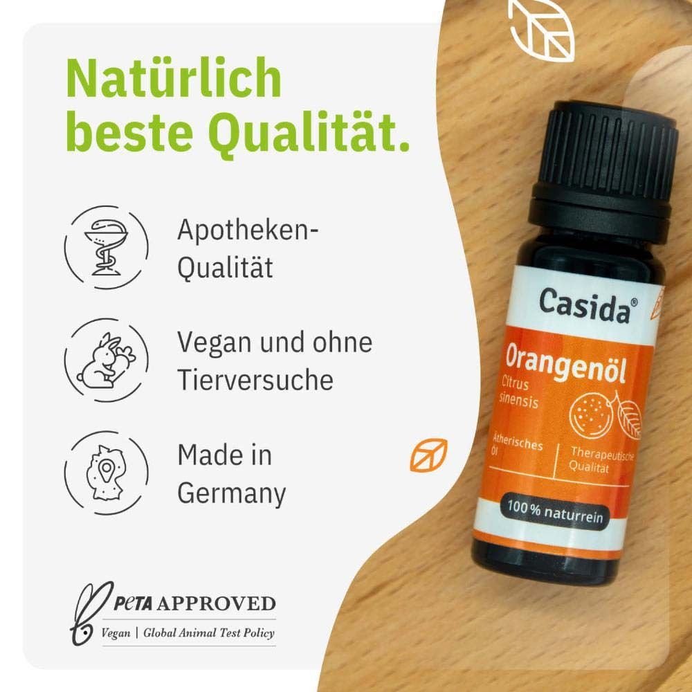 Produktflasche Casida Orangenöl neben Text. Text: Natürlich beste Qualität. Apotheken-Qualität, vegan.