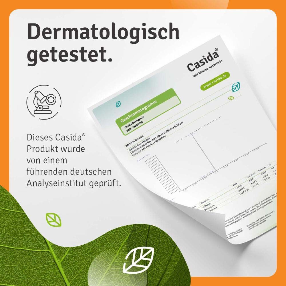 Dokument mit Testergebnissen. Text: Dermatologisch getestet. Casida Produkt von deutschem Analyseinstitut geprüft.