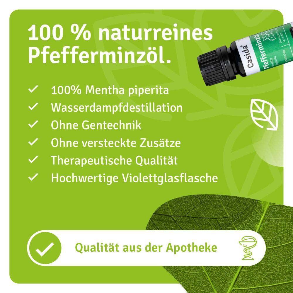 Fond vert avec texte et coches. Décrit les caractéristiques : 100% naturel, distillation à la vapeur, sans OGM.