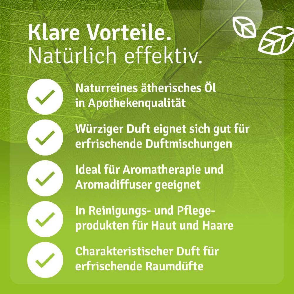 Grüner Hintergrund mit Text. Klare Vorteile. Naturreines ätherisches Öl. Geeignet für Aromatherapie und Hautpflege.