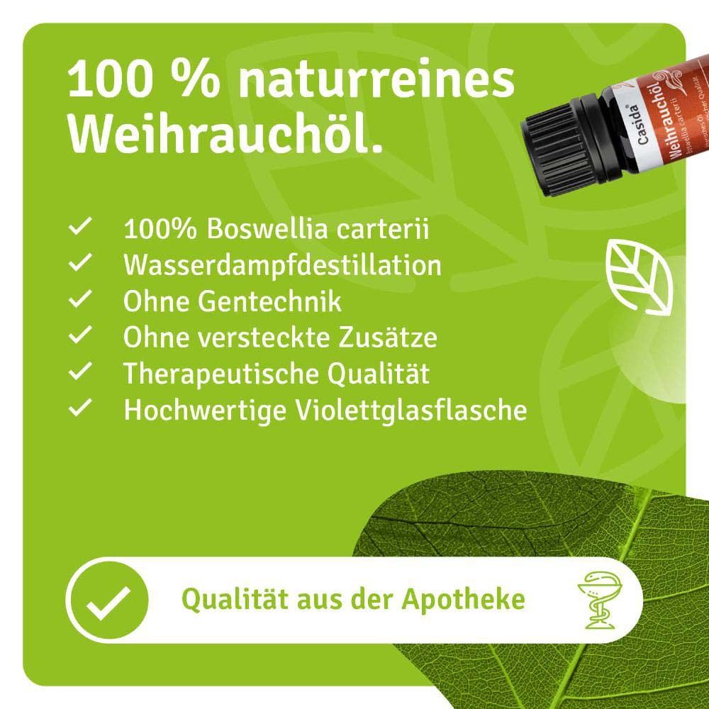 Flacon de produit avec texte sur fond vert. 100% huile d'encens naturelle. Qualité pharmaceutique. Plusieurs caractéristiques de qualité.