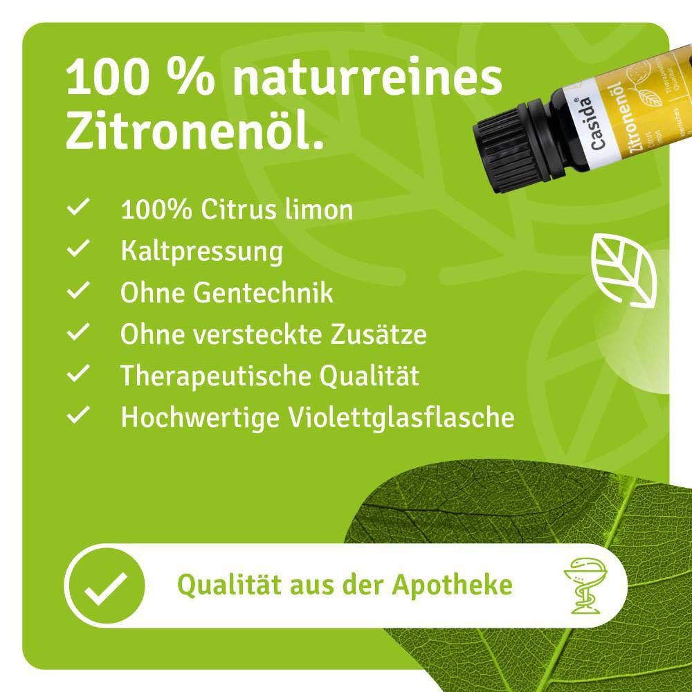 Flacon "Casida Zitronenöl". Texte : "100 % naturreines Zitronenöl". Qualité pharmacie. Signe de contrôle.
