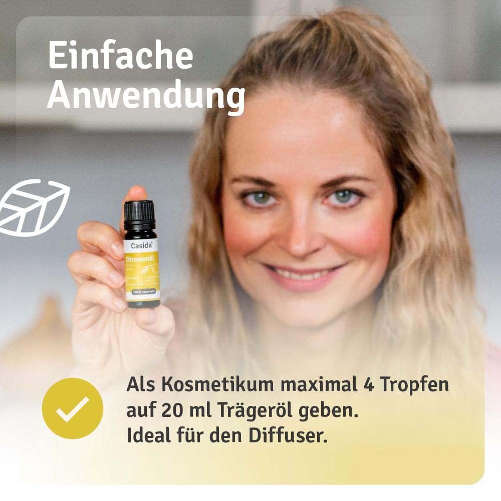 Femme tenant flacon "Casida Zitronenöl". Texte : "Einfache Anwendung". Case à cocher jaune. Instructions d'utilisation.