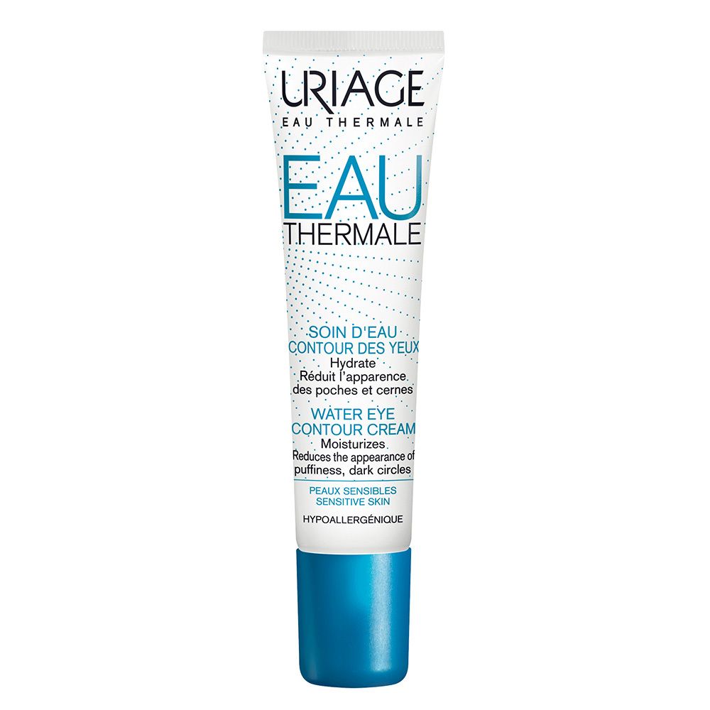 Tube Uriage Eau Thermale. Blanc, texte bleu. Contient : Eau Thermale, Water Eye Contour Cream. Bouchon bleu.