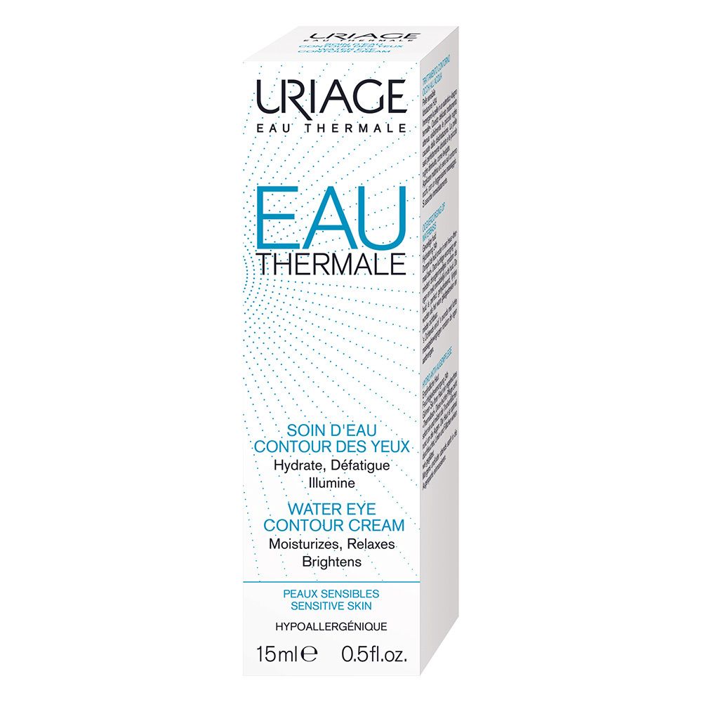 Emballage Uriage Eau Thermale. Blanc, texte bleu. Contient : Eau Thermale, Water Eye Contour Cream. 15ml.