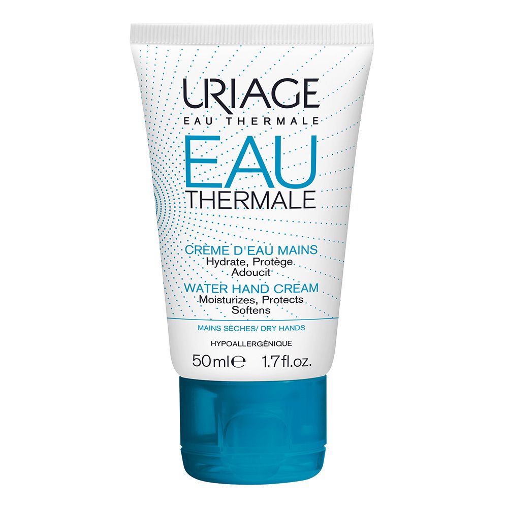 Weiße Tube mit blauem Verschluss. Aufschrift: URIAGE EAU THERMALE, EAU THERMALE, WATER HAND CREAM. Für trockene Hände.