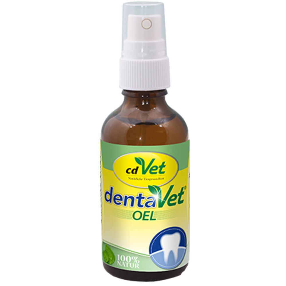 Flacon en verre brun avec vaporisateur. Inscription: cd Vet dentaVet OEL. Illustration d'une dent.