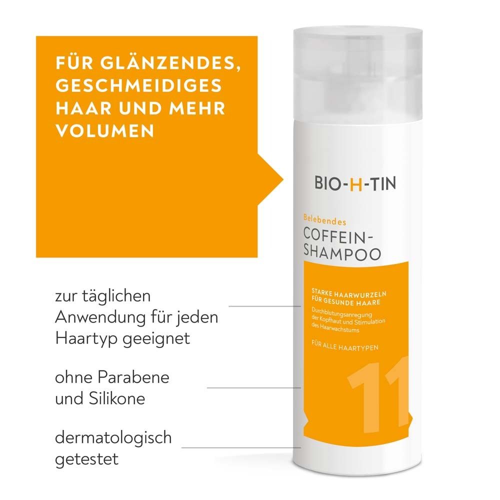 BIO-H-TIN Shampoo à la caféine. Bouteille. Texte : Pour des cheveux brillants et plus de volume. Sans parabènes ni silicones.