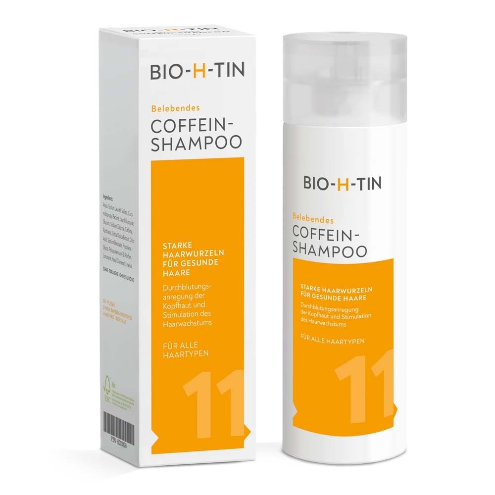 BIO-H-TIN Shampoo à la caféine. Flacon et emballage. Texte : Pour des cheveux sains. Tous types de cheveux. Testé dermatologiquement.