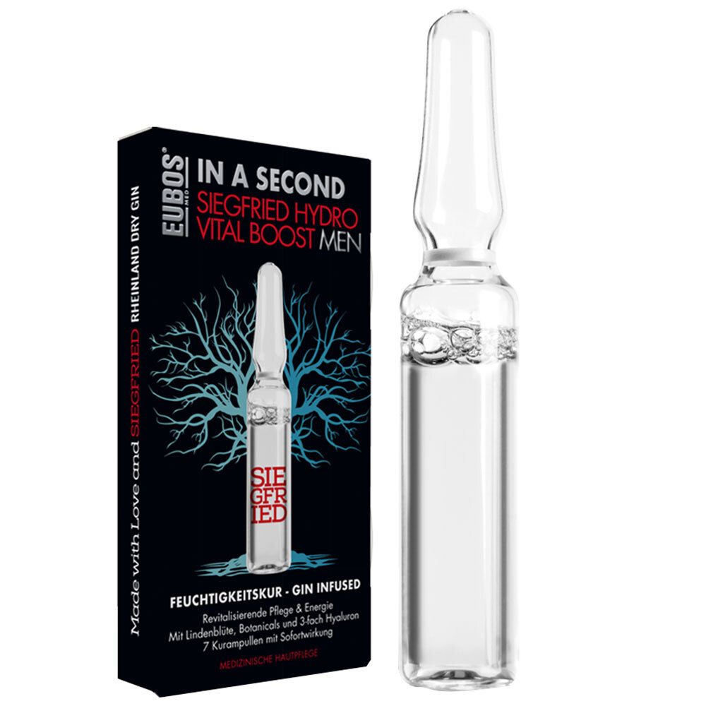 Ampoule et emballage EUBOS IN A SECOND Siegfried Hydro Vital Boost Men. Emballage noir avec image du produit et texte.