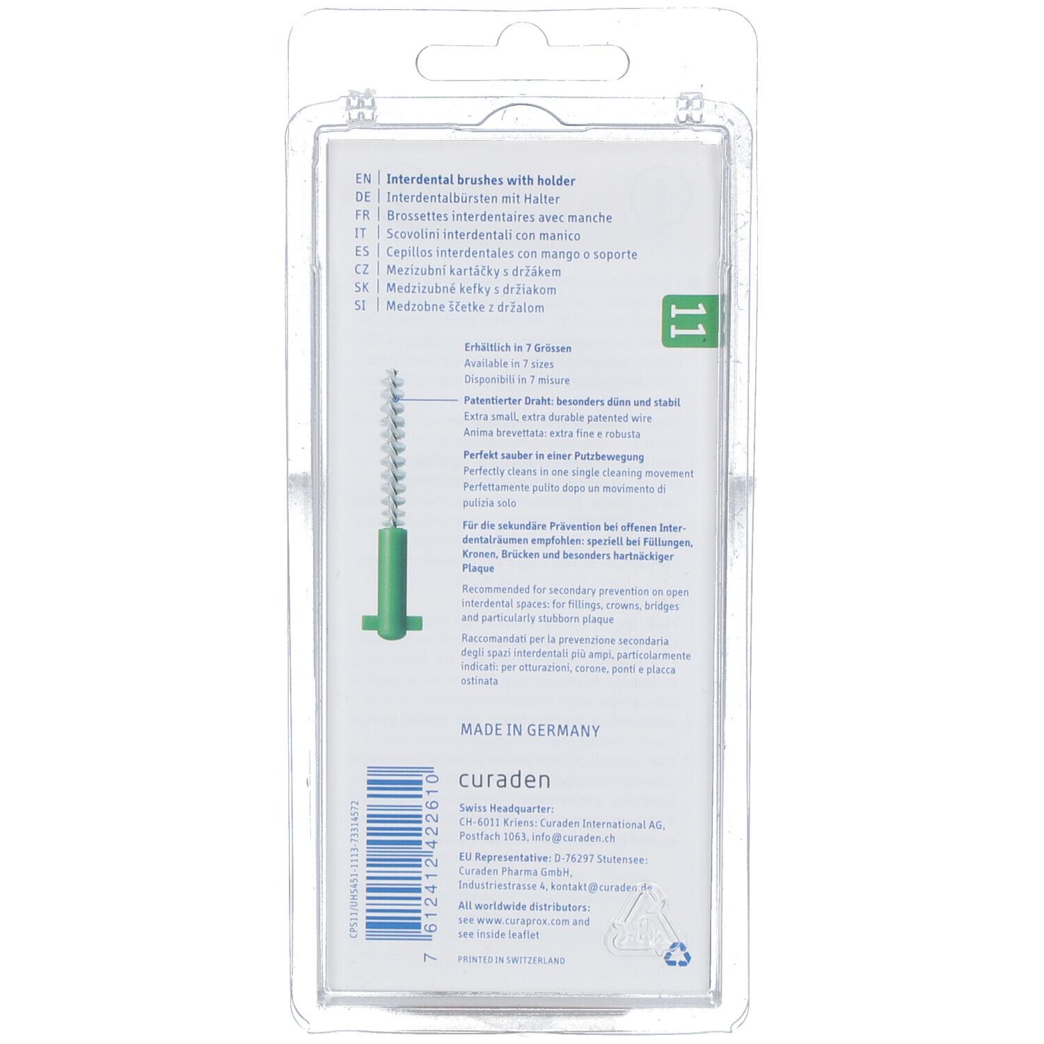 Verpackung mit 7 Interdentalbürsten mit Halter, grün.