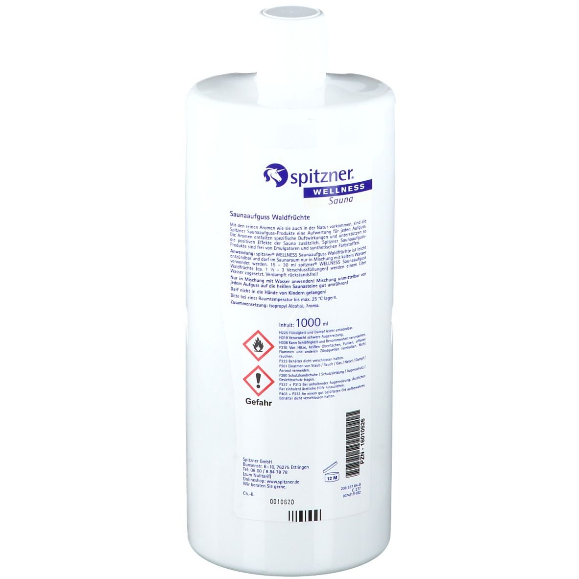 Flacon blanc avec étiquette. Spitzner Wellness Sauna. Texte, symboles de danger, 1000 ml. Code-barres.