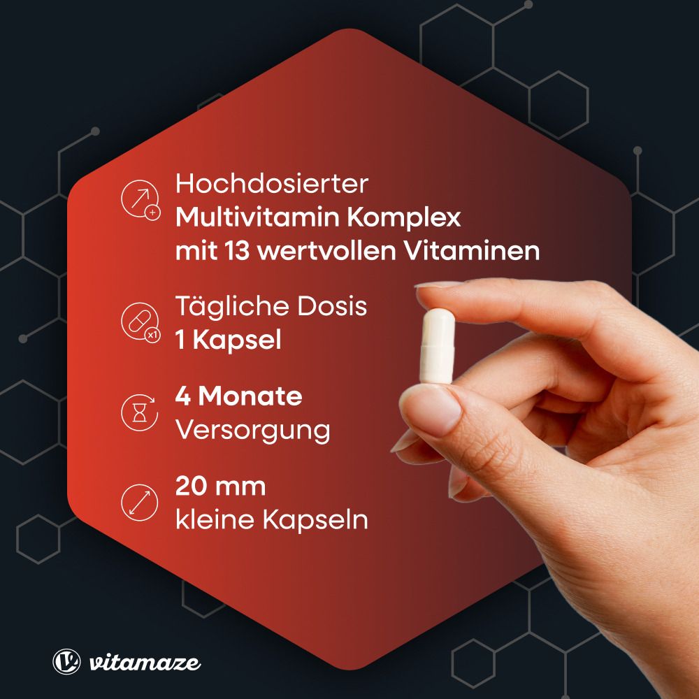 Graphique rouge avec informations. Complexe multivitamines. Dose quotidienne : 1 capsule. 4 mois d'approvisionnement. Petites capsules de 20 mm.