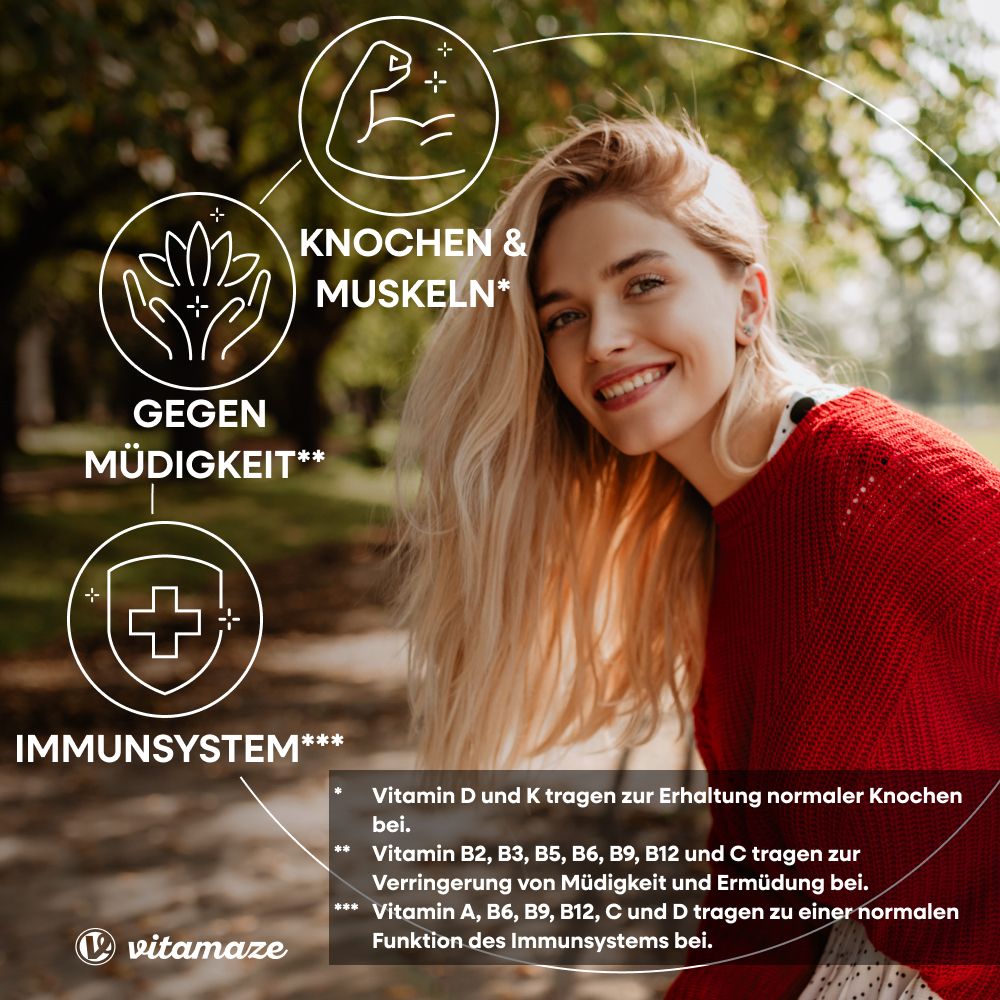 Femme souriante. Graphiques : os et muscles, contre la fatigue, système immunitaire. Texte : Vitamine D et K pour les os, B2, B3, B5, B6, B9, B12 et C pour la fatigue.