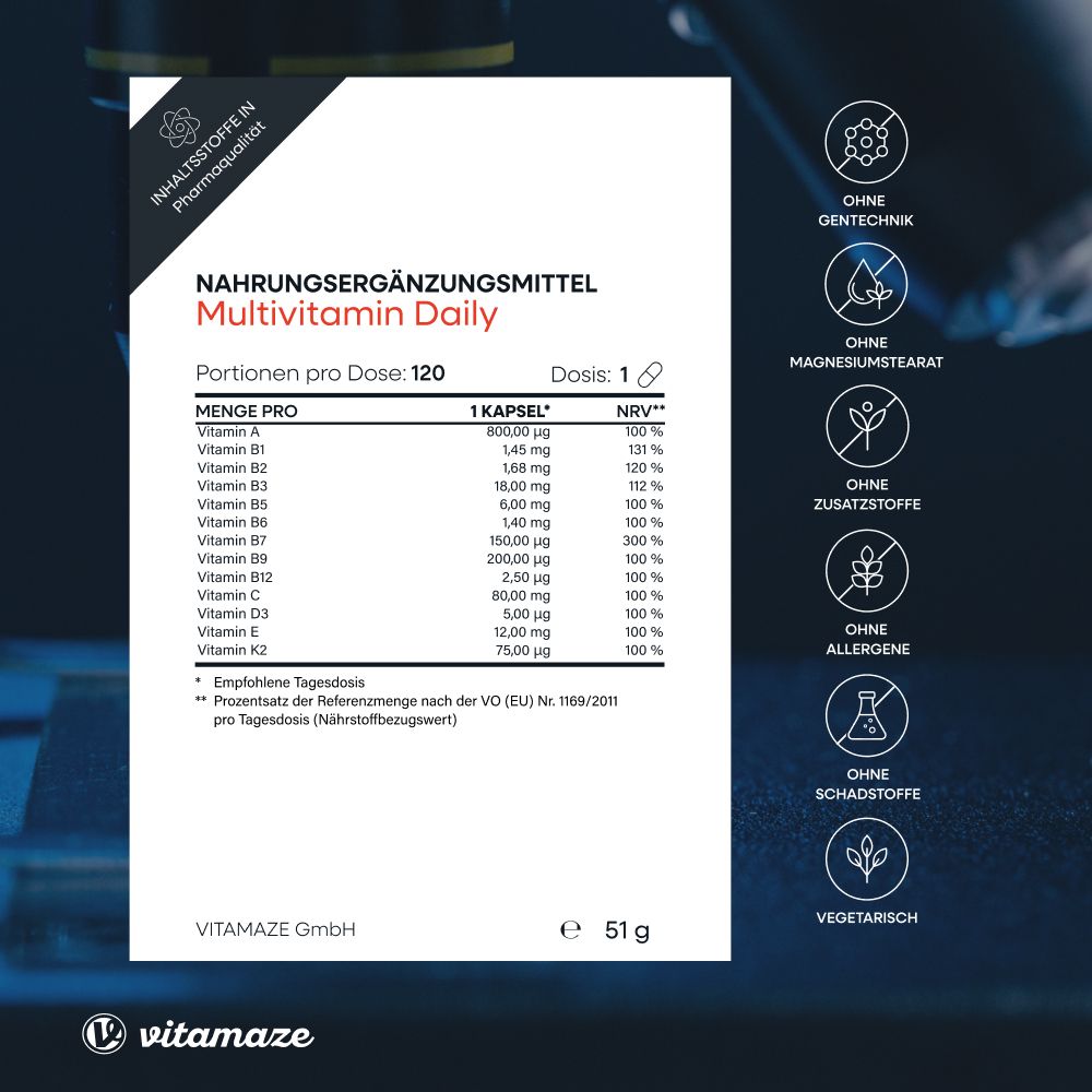 Complément alimentaire Multivitamin Daily. 120 capsules. Ingrédients, informations nutritionnelles. Sans OGM, stéarate de magnésium, additifs, allergènes, substances nocives.
