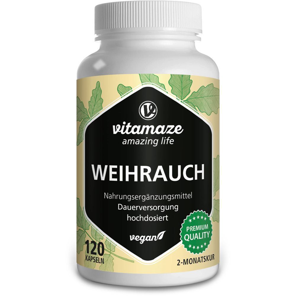 Flacon blanc avec capsules. Inscription : WEIHRAUCH, 120 capsules, vegan. Étiquette vert-jaune avec feuilles et logo.