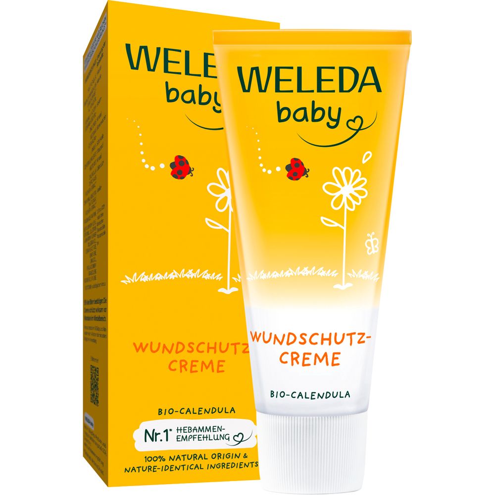Tube et boîte jaunes. Inscription : Weleda Baby Crème protectrice. Bio-Calendula. Recommandation n°1 des sages-femmes.