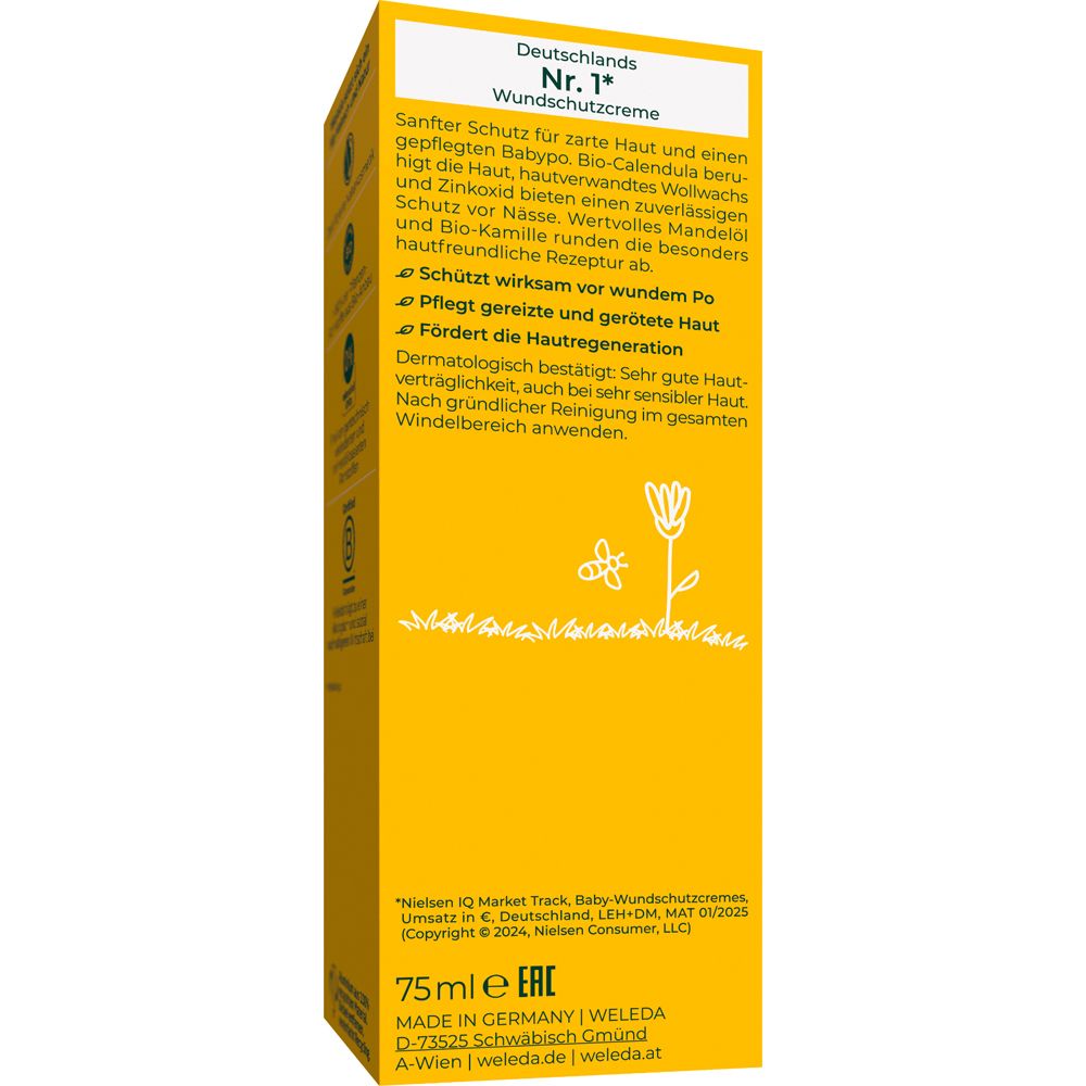 Boîte jaune avec texte. Protection douce pour la peau délicate. Efficace contre les irritations. Testé dermatologiquement. 75ml.