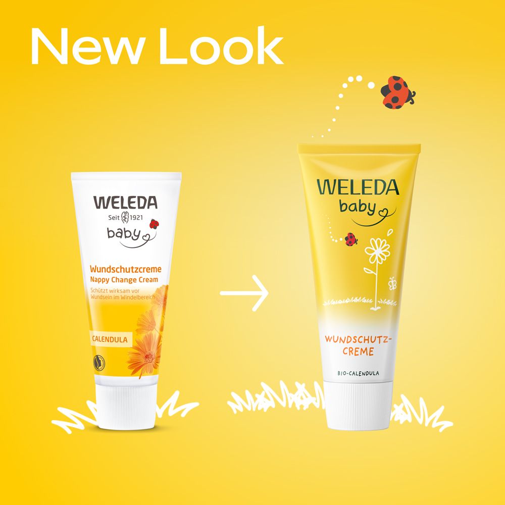 Comparaison de deux tubes. Gauche : Weleda Baby Crème protectrice. Droite : Nouveau tube avec design jaune.
