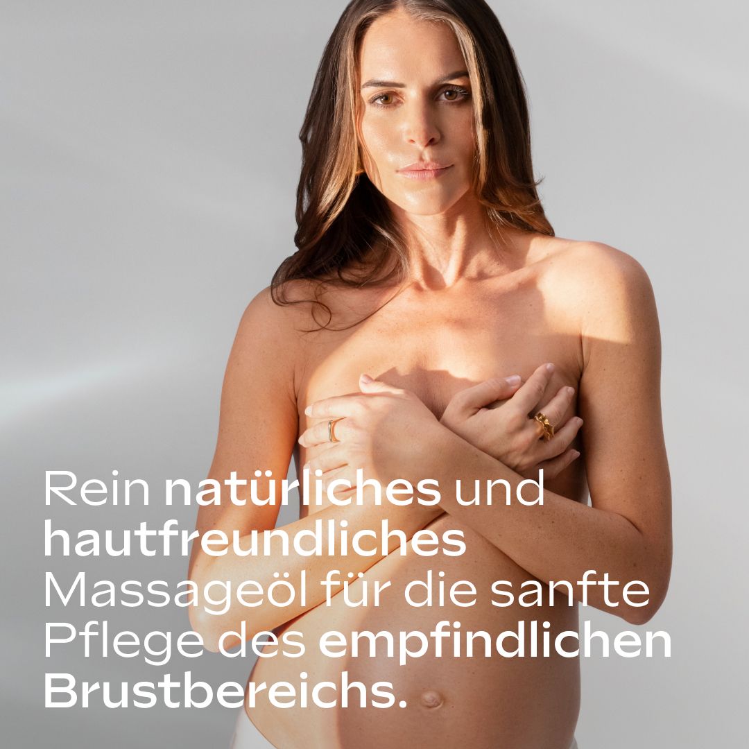 Femme torse nu. Texte : Huile de massage naturelle et douce pour la peau pour le soin doux de la poitrine sensible.