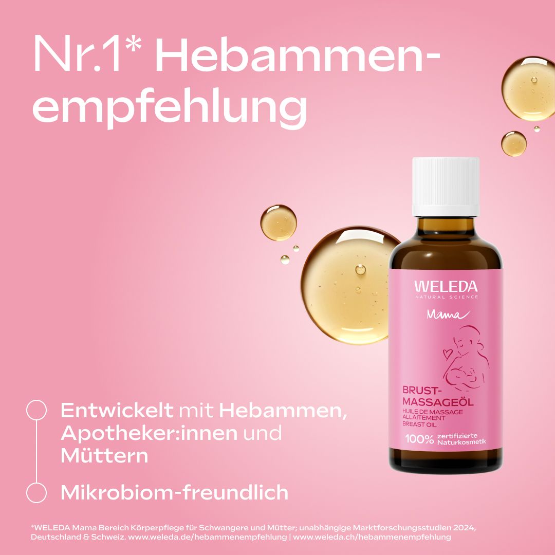 Weleda Brust-Massageöl. Bouteille et emballage. Texte : Recommandation des sages-femmes n°1. Développé avec des sages-femmes, des pharmaciens et des mères.