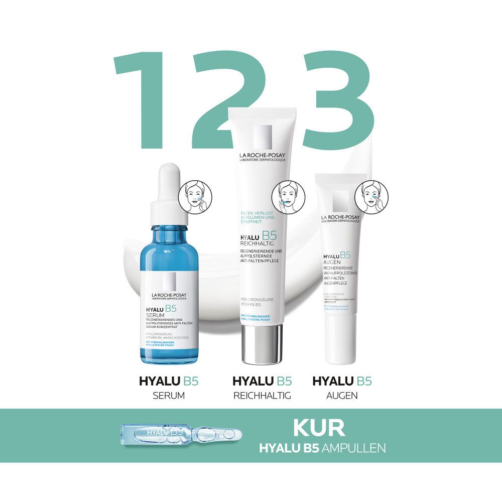 Trois produits La Roche-Posay Hyalu B5: sérum, crème, crème yeux. Cure d'ampoules.
