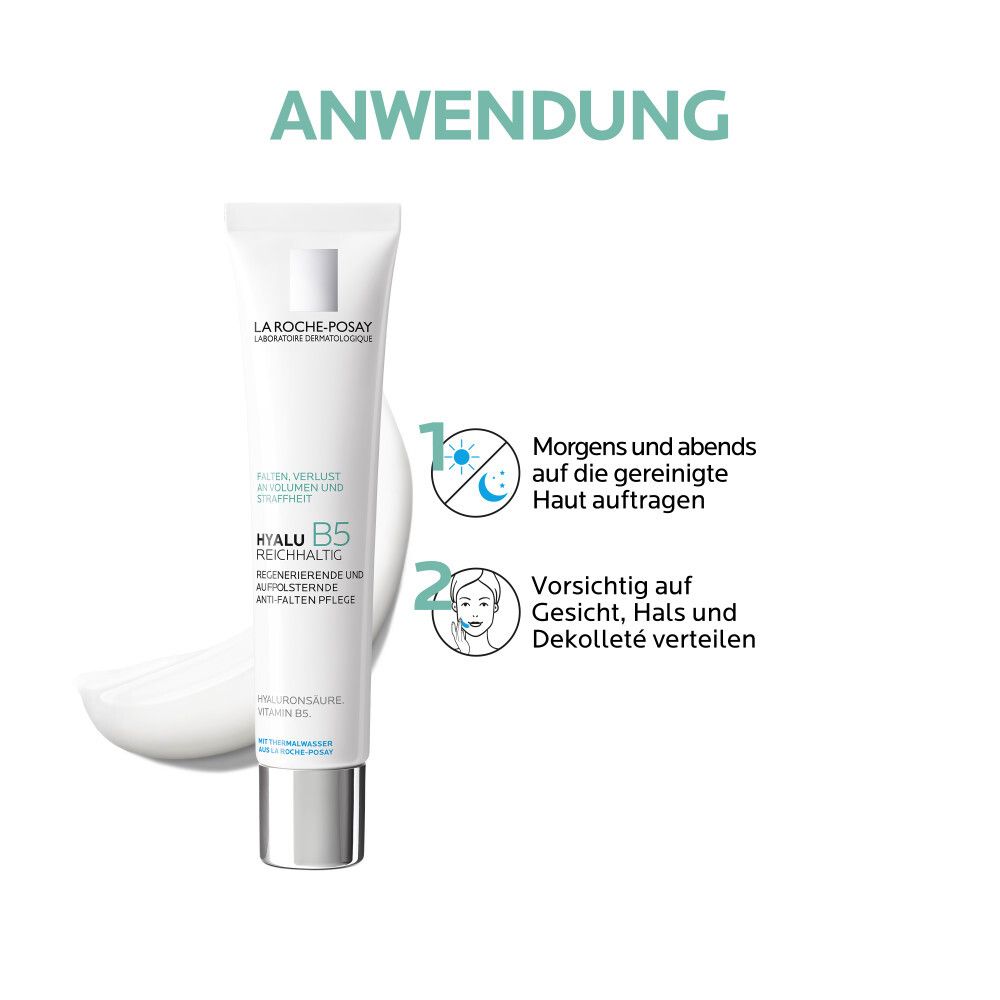 Tube de crème La Roche-Posay Hyalu B5. Application: matin et soir, visage, cou, décolleté.