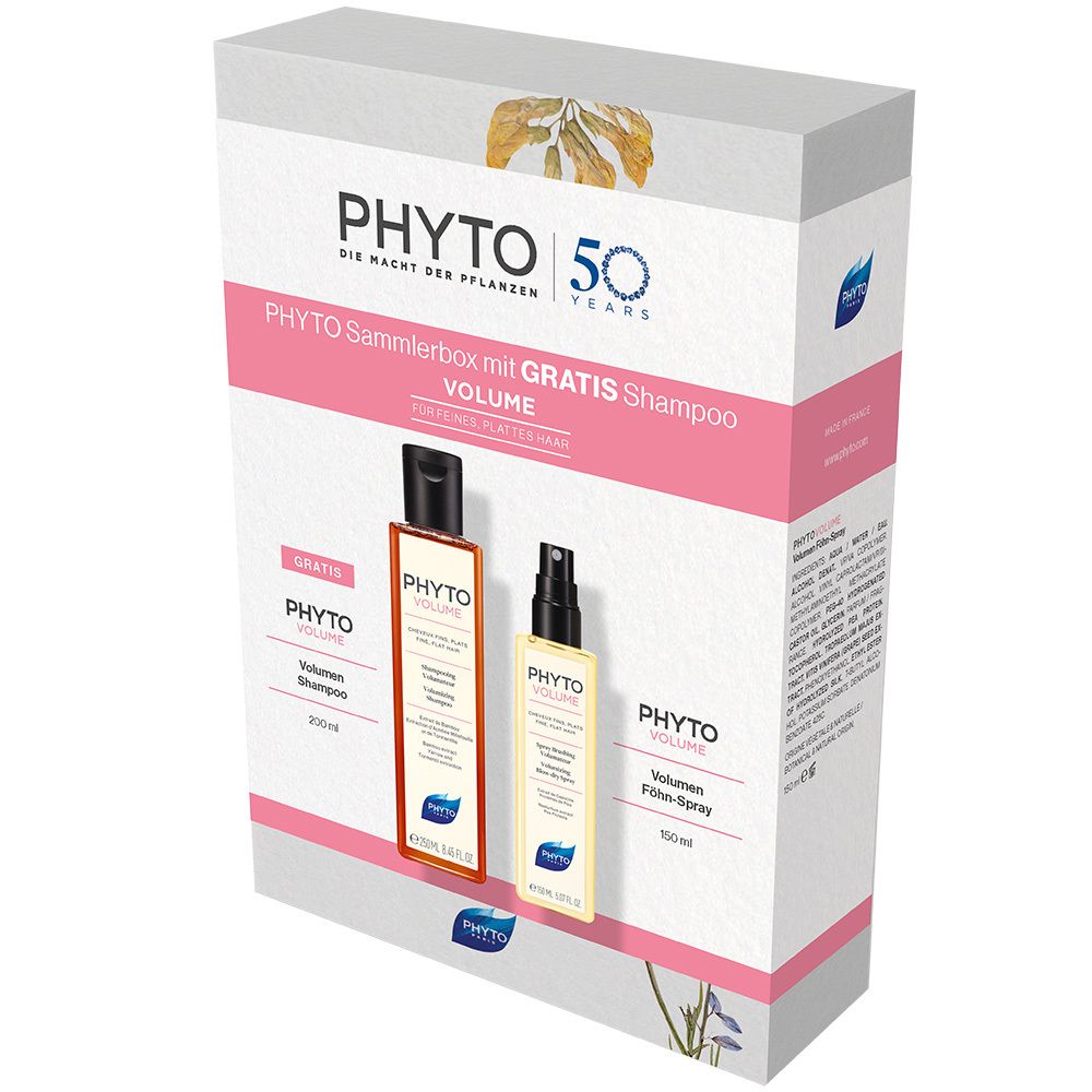 Coffret cadeau avec shampooing et spray volumateur. Emballage avec nom et logo du produit. Bouteilles avec noms de produits.