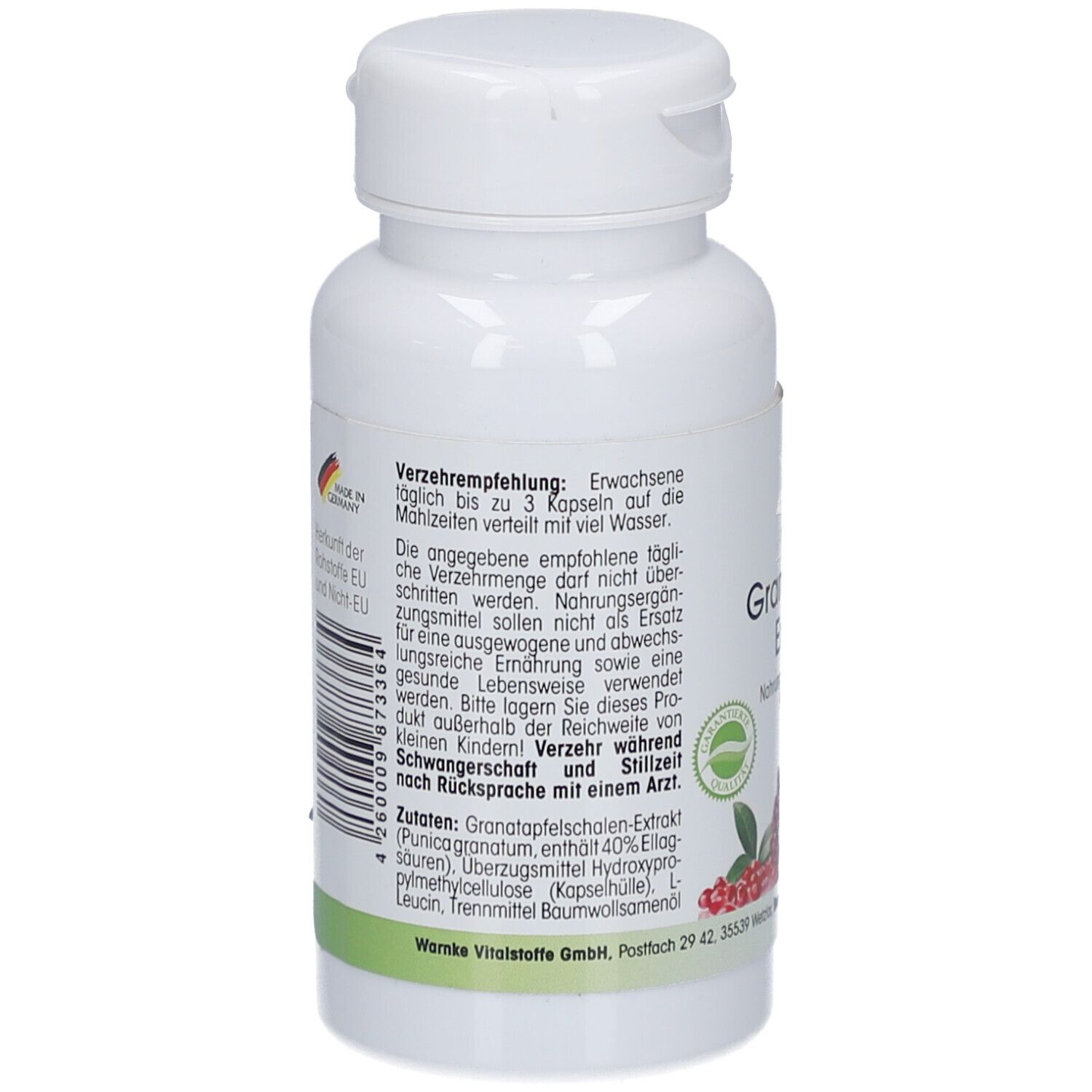 Dos du flacon blanc. Texte: Recommandations d'utilisation. Ingrédients. Fabriqué en Allemagne. Code-barres et logo.