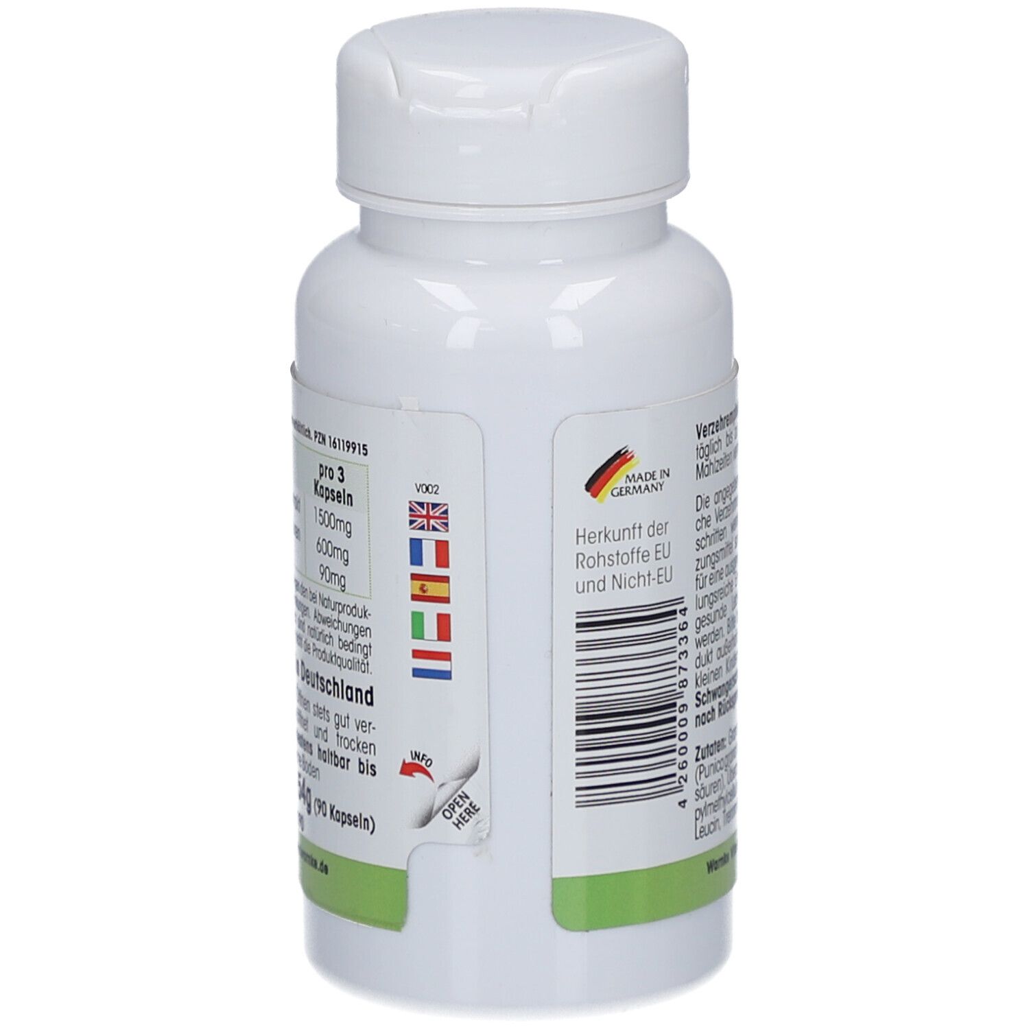 Dos du flacon blanc. Texte: Origine des matières premières UE et non UE. Code-barres. Drapeaux de pays.