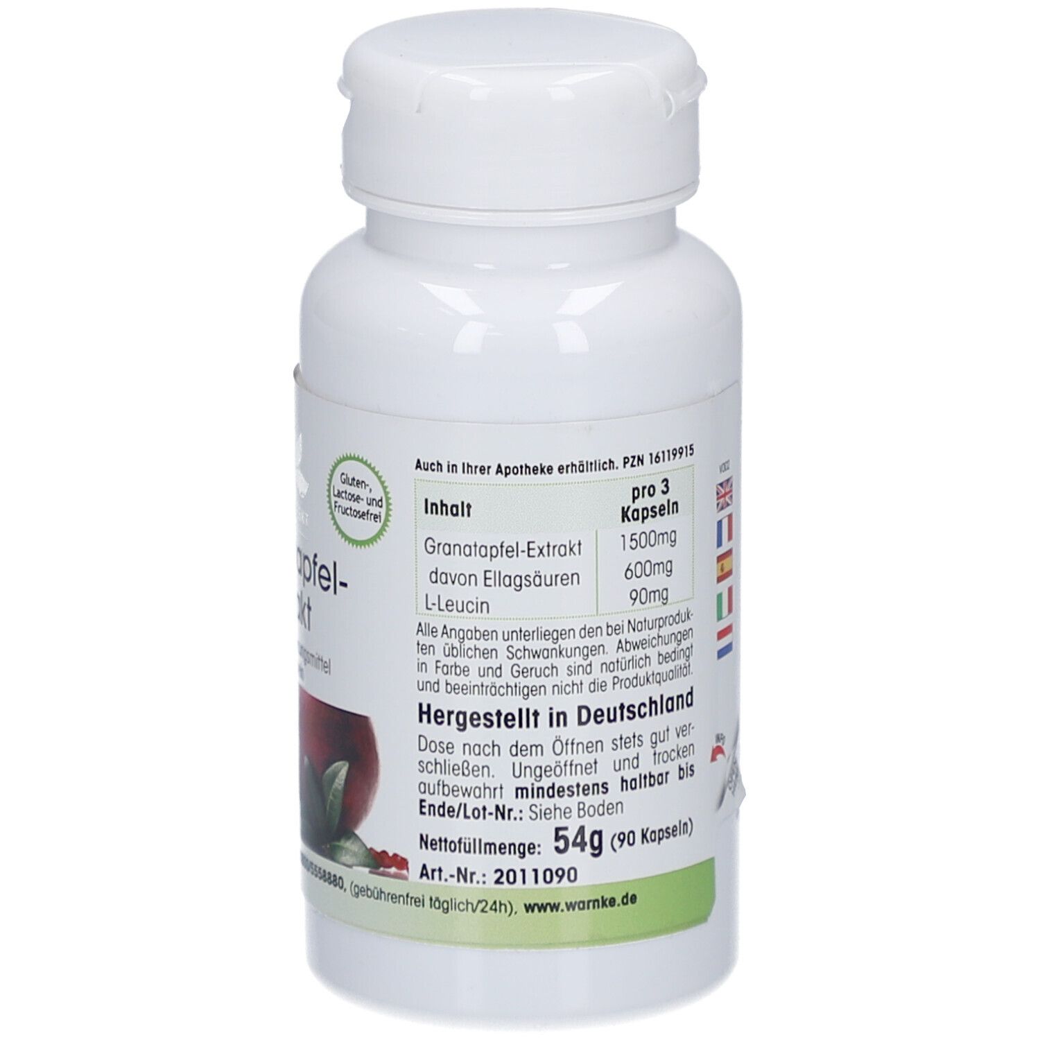 Dos du flacon blanc. Texte: Contenu pour 3 gélules. Fabriqué en Allemagne. 54g (90 gélules).