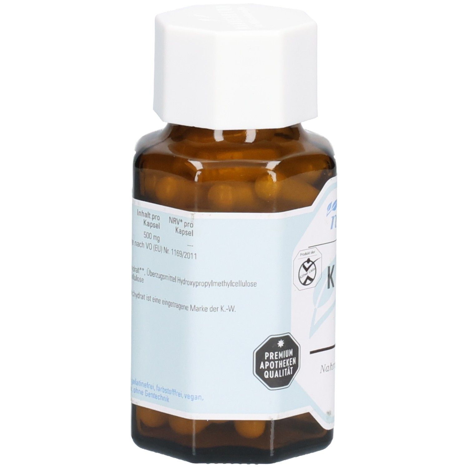 Dos du flacon en verre brun avec bouchon blanc. Étiquette avec informations nutritionnelles. Qualité pharmacie premium.