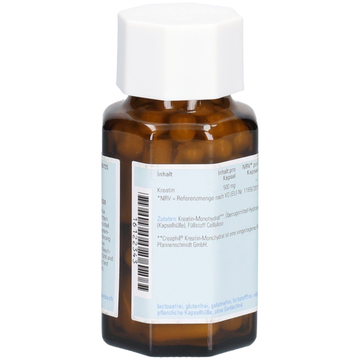 Dos du flacon en verre brun avec bouchon blanc. Étiquette avec informations et code-barres.