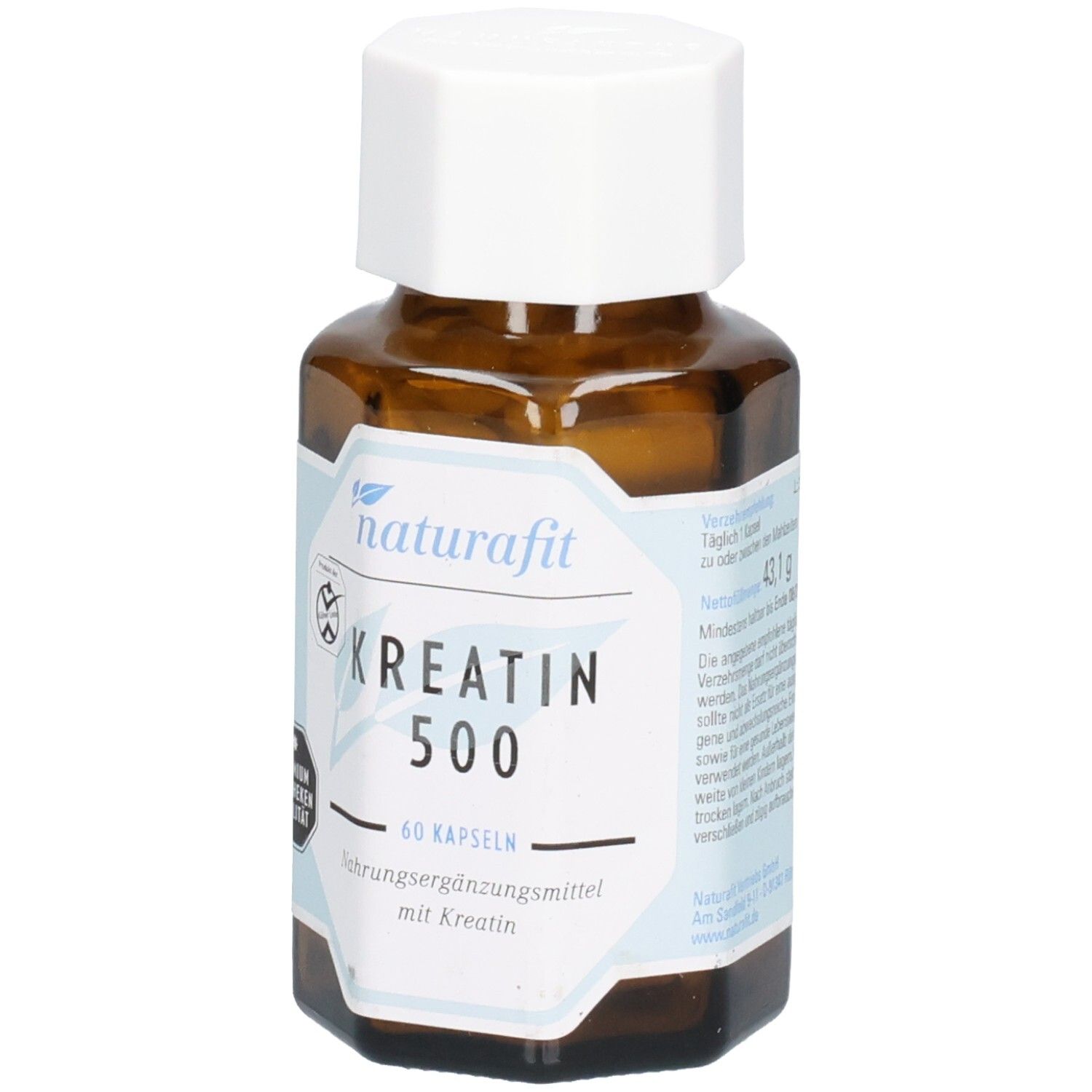 Flacon en verre brun avec bouchon blanc. Étiquette avec naturafit, KREATIN 500, 60 gélules. Complément alimentaire à la créatine.