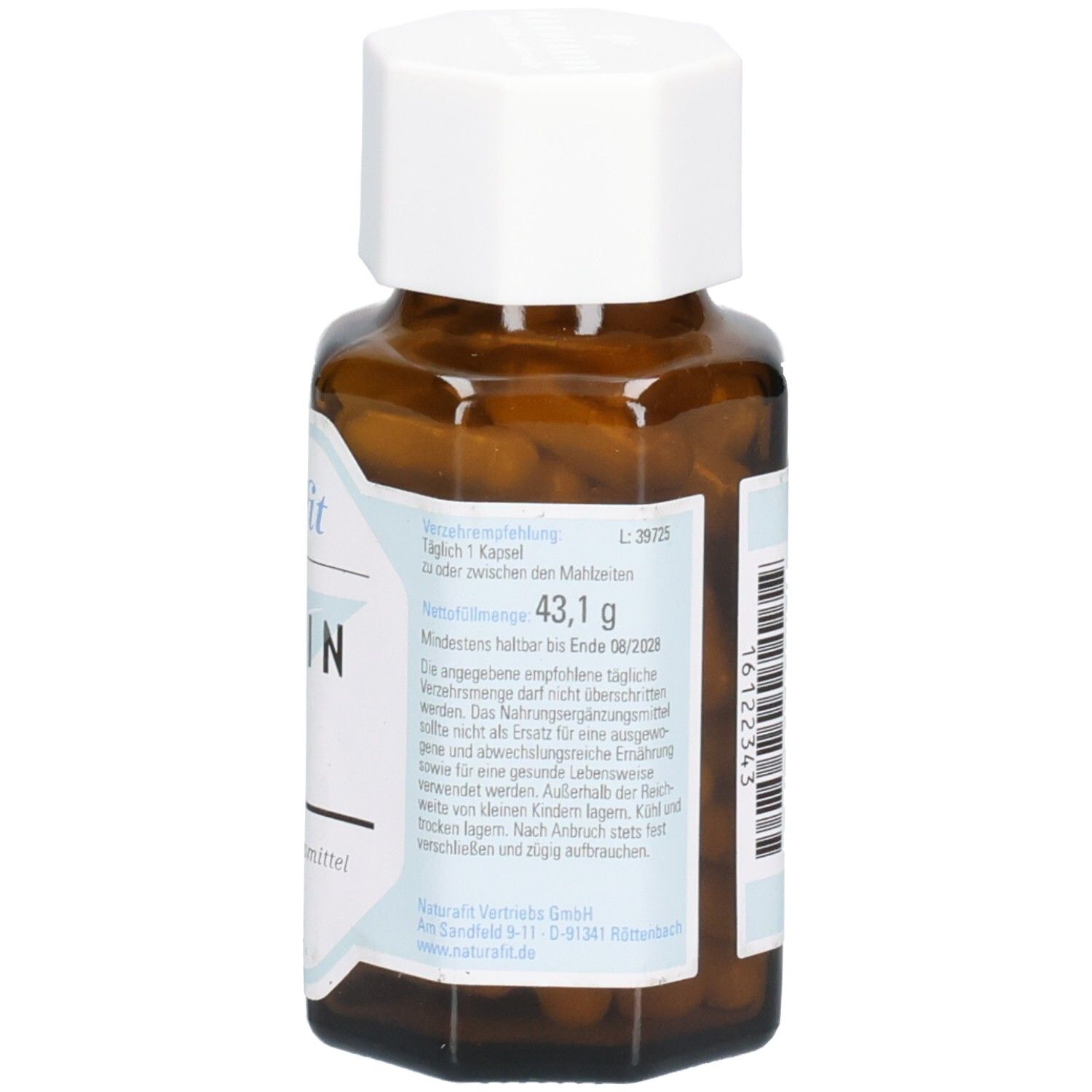 Dos du flacon en verre brun avec bouchon blanc. Étiquette avec recommandations et informations nutritionnelles.