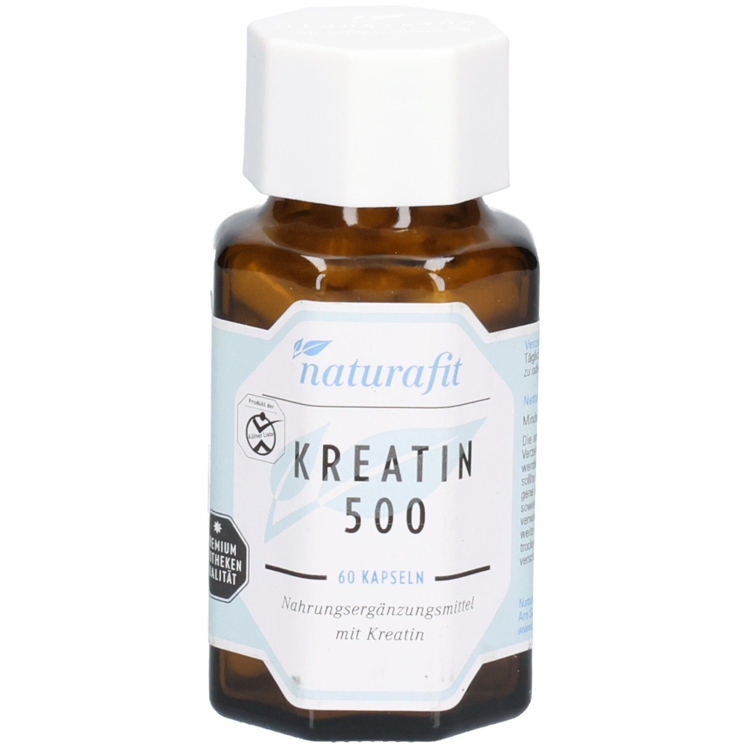 Flacon en verre brun avec bouchon blanc. Étiquette avec naturafit, KREATIN 500, 60 gélules. Qualité pharmacie premium.