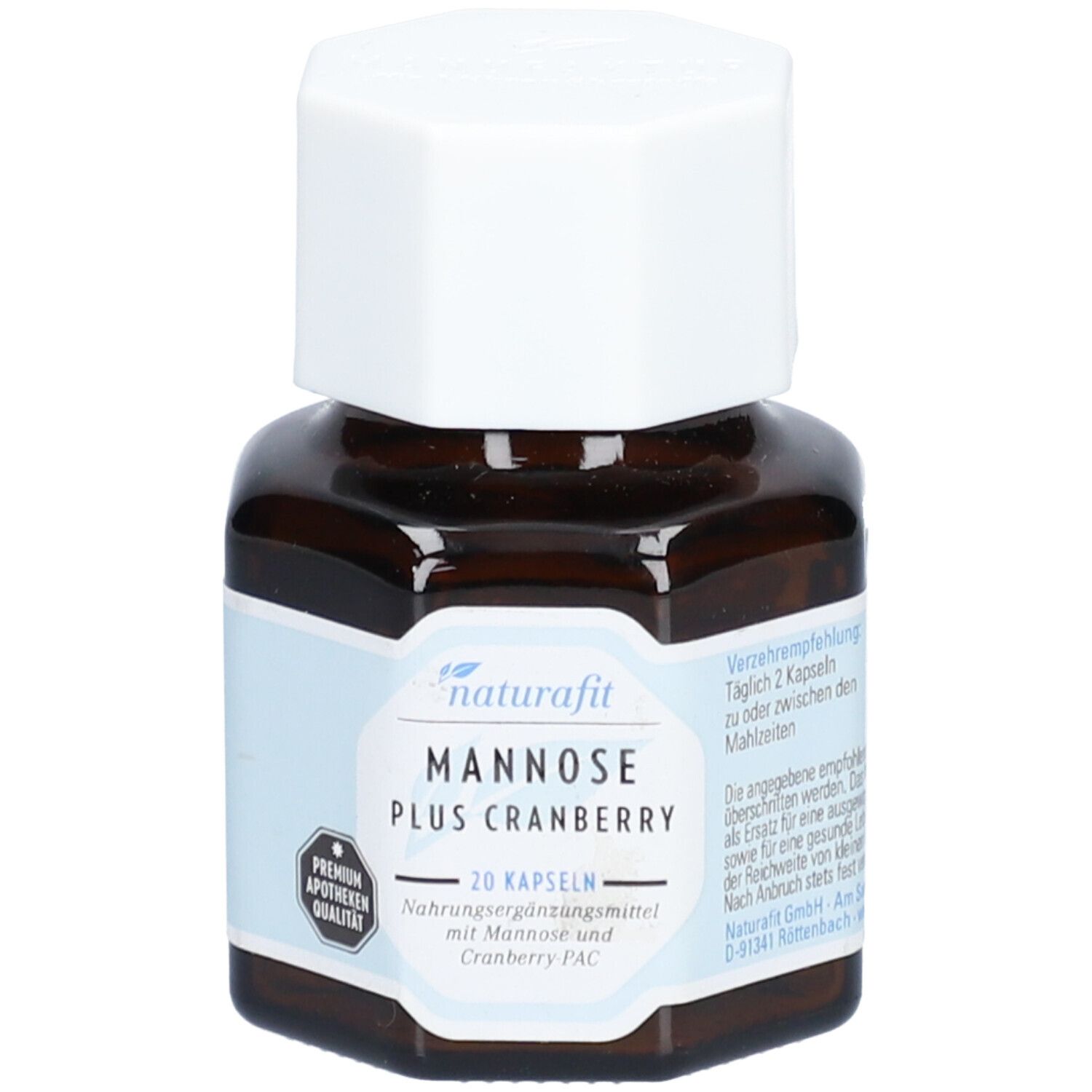 Braune Glasflasche mit weißem Deckel. Etikett mit "naturafit", "Mannose Plus Cranberry", 20 Kapseln und Apotheken-Qualität.
