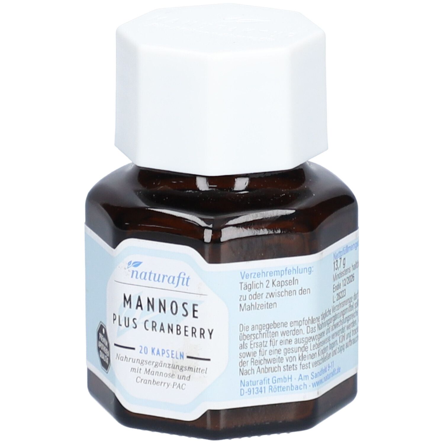 Braune Glasflasche mit weißem Deckel. Etikett mit "naturafit", "Mannose Plus Cranberry", 20 Kapseln und Apotheken-Qualität.