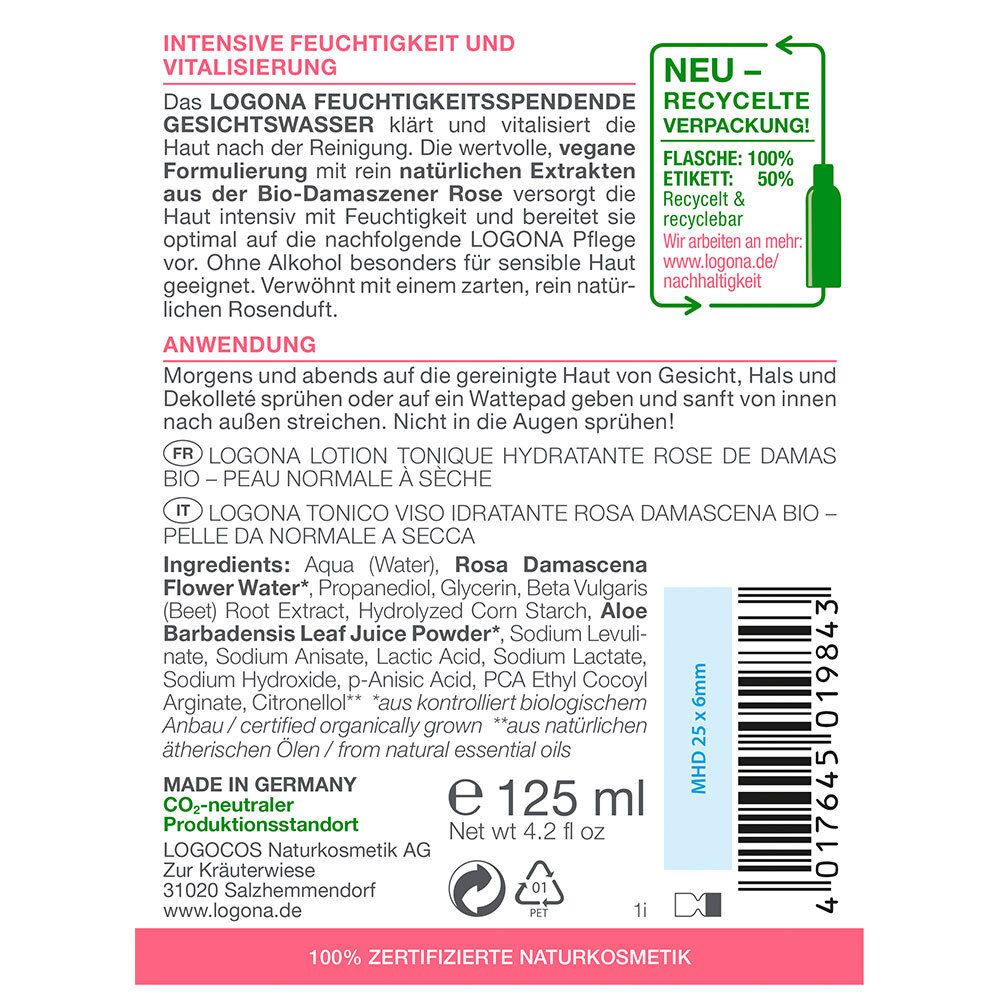 LOGONA Cosmétique naturelle Tonique hydratant pour le visage