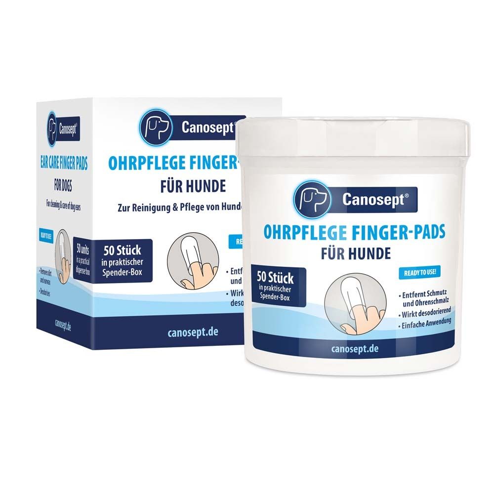 Canosept® Lingettes auriculaires pour chiens. Boîte et pot blancs avec informations et logo du produit.