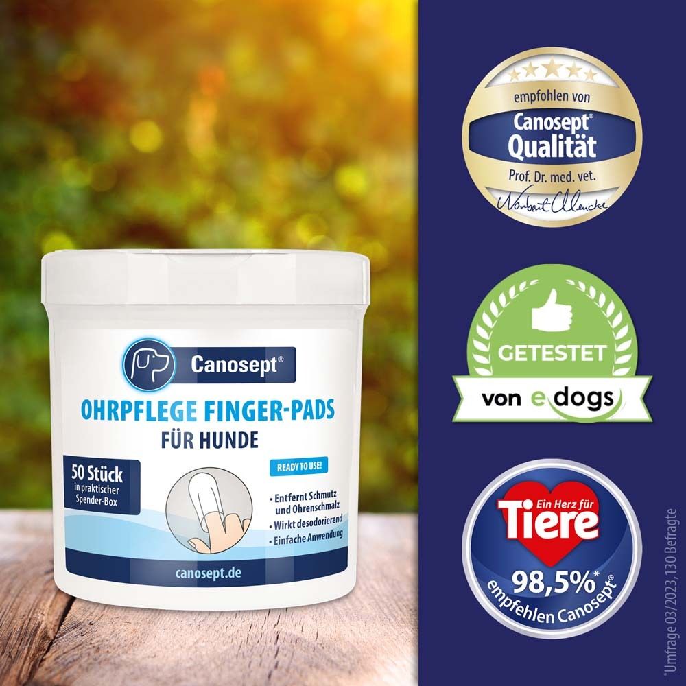 Canosept® Lingettes auriculaires pour chiens. Pot blanc avec logo et certifications.
